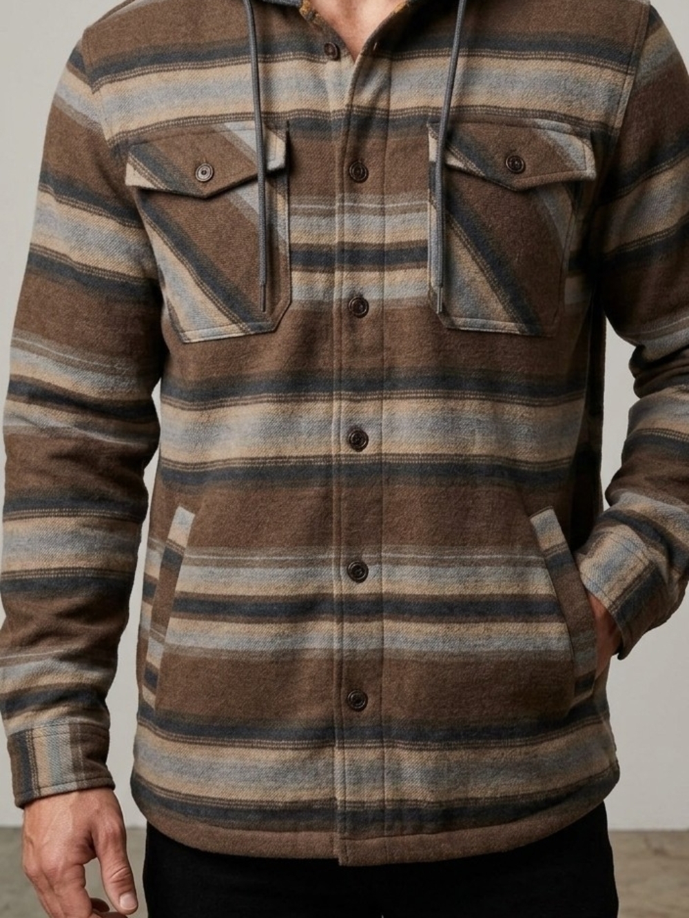501 Quiksilver Men’s Striped Hooded Flannel Shirt Jacket Shacket Brown Tan Med
